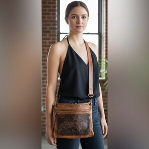 UNBRANDED 2 Two Tone Black Tan Leather Embossed Boho Crossbody Adjustable Bag